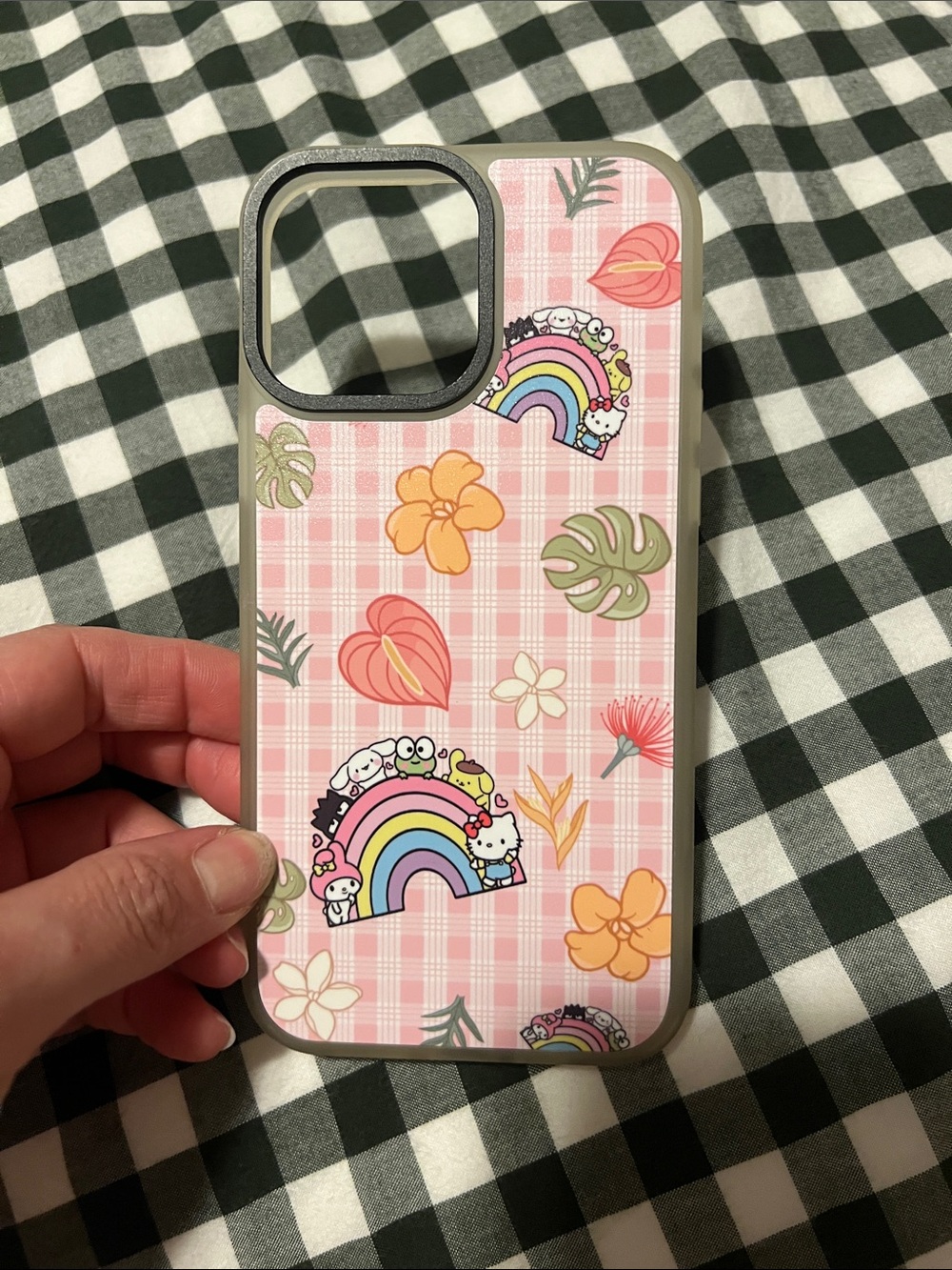 Hello Kitty Pink Plaid Floral Rainbow iPhone 13 Pro Max Phone Case
